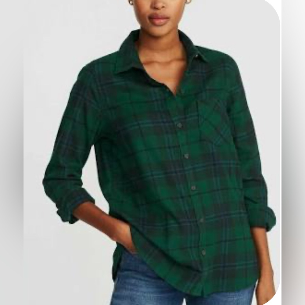 Old Navy Green/Navy Scotch cotton flannel plaid Button Down boyfriend shirt xl